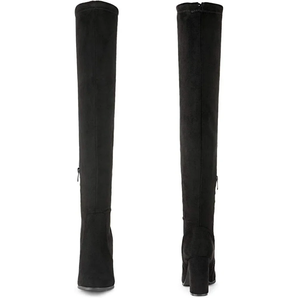 Women's Shoo-black Suede Thigh High Over The Knee Rounded Toe Fashion Boots